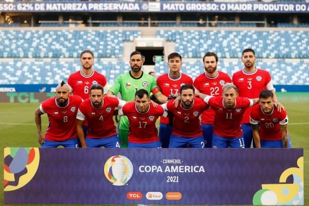 Players of Chile pose before a group A match between Uruguay and Chile as part of Conmebol Copa America Brazil 2021 at Arena Pantanal on June 21,...