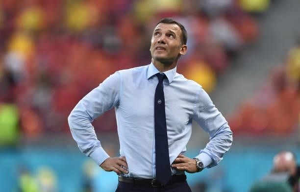 Andriy Shevchenko, head coach of Ukraine, reacts during the UEFA Euro 2020 Championship Group C match between Ukraine and Austria at National Arena...