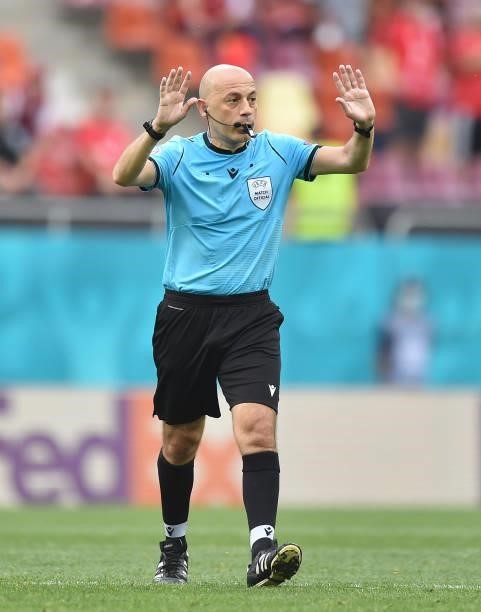 Match referee Cueneyt Cakir reacts during the UEFA Euro 2020 Championship Group C match between Ukraine and Austria at National Arena on June 21,...