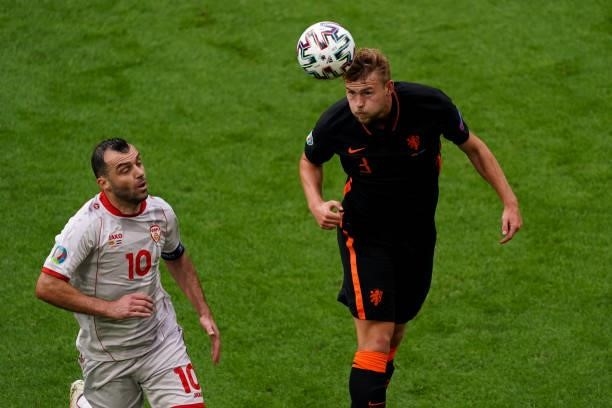 Goran Pandev of North Macedonia and Matthijs de Ligt of the Netherlands during the UEFA Euro 2020 Championship Group C match between North Macedonia...
