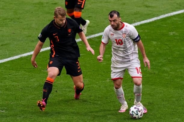 Matthijs de Ligt of the Netherlands and Goran Pandev of North Macedonia during the UEFA Euro 2020 Championship Group C match between North Macedonia...