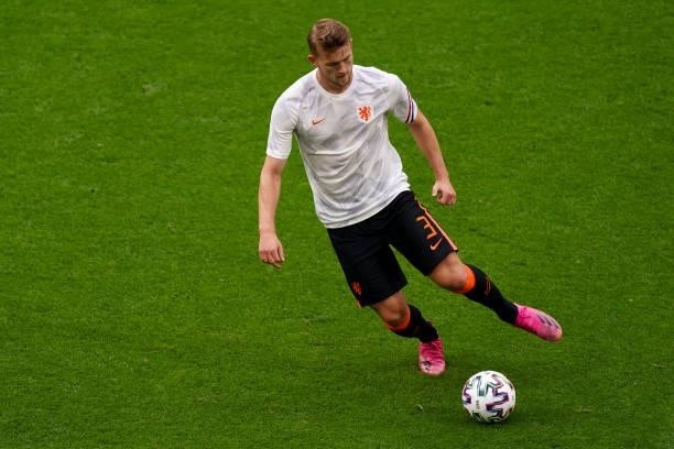 Matthijs de Ligt of the Netherlands warms up during the UEFA Euro 2020 Championship Group C match between North Macedonia National Team and...