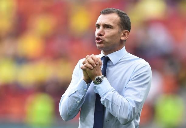 Andriy Shevchenko, head coach of Ukraine, reacts during the UEFA Euro 2020 Championship Group C match between Ukraine and Austria at National Arena...