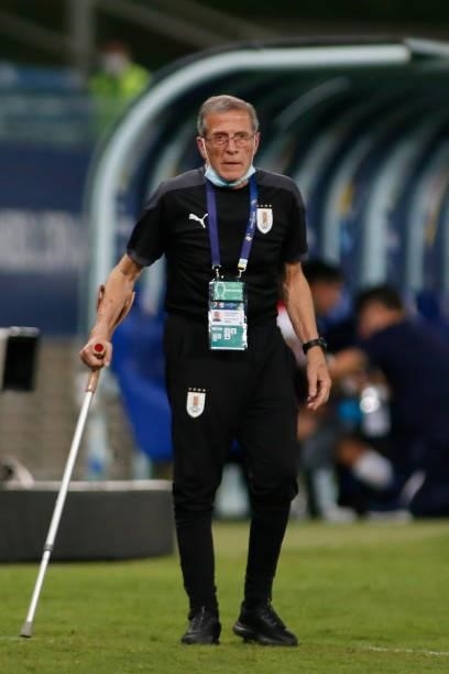 Head coach of Uruguay Oscar Tabarez looks on during a group A match between Uruguay and Chile as part of Conmebol Copa America Brazil 2021 at Arena...