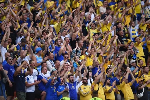 Fans of Ukraine show their support during the UEFA Euro 2020 Championship Group C match between Ukraine and Austria at National Arena on June 21,...