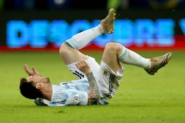 Lionel Messi of Argentina reacts during a group A match between Argentina and Paraguay as part of Conmebol Copa America Brazil 2021 at Mane Garrincha...