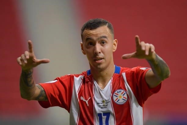 Alejandro Romero Gamarra of Paraguay gestures during a group A match between Argentina and Paraguay as part of Conmebol Copa America Brazil 2021 at...