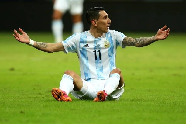 Angel Di Maria of Argentina reacts during a group A match between Argentina and Paraguay as part of Conmebol Copa America Brazil 2021 at Mane...