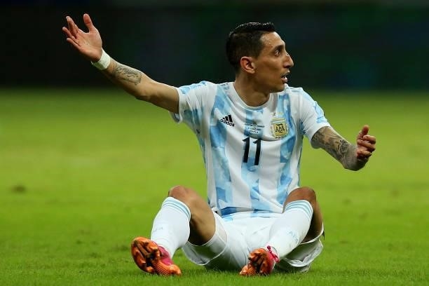 Angel Di Maria of Argentina reacts during a group A match between Argentina and Paraguay as part of Conmebol Copa America Brazil 2021 at Mane...