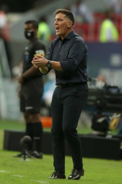 Eduardo Berizzo head coach of Paraguay reacts during a group A match between Argentina and Paraguay as part of Conmebol Copa America Brazil 2021 at...