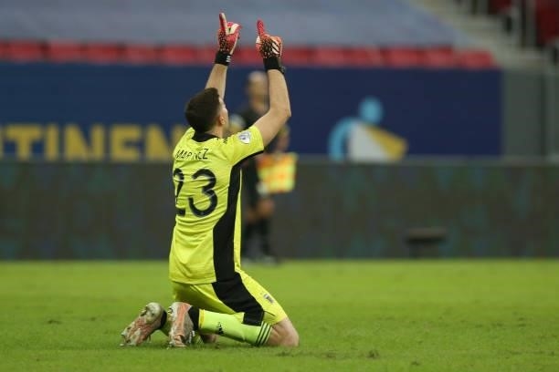 Emiliano Martinez goalkeeper of Argentina celebrates after winning a group A match between Argentina and Paraguay as part of Conmebol Copa America...