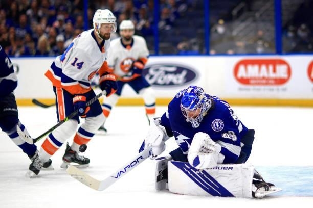Andrei Vasilevskiy of the Tampa Bay Lightning makes the save against the New York Islanders during the third period in Game Five of the Stanley Cup...