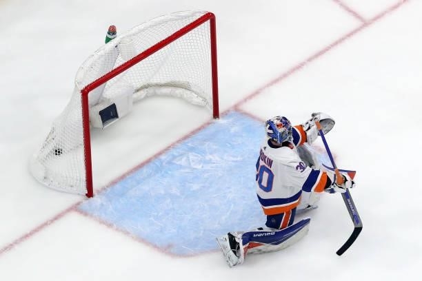 Ilya Sorokin of the New York Islanders allows a second period goal to Ondrej Palat of the Tampa Bay Lightning in Game Five of the Stanley Cup...