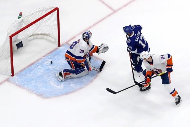 Alex Killorn of the Tampa Bay Lightning scores a goal past Ilya Sorokin of the New York Islanders during the second period in Game Five of the...