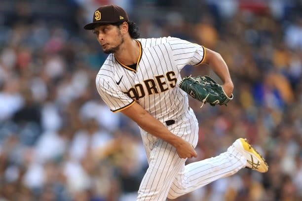 Yu Darvish of the San Diego Padres pitches during the fifth inning of a game against the Los Angeles Dodgers at PETCO Park on June 21, 2021 in San...