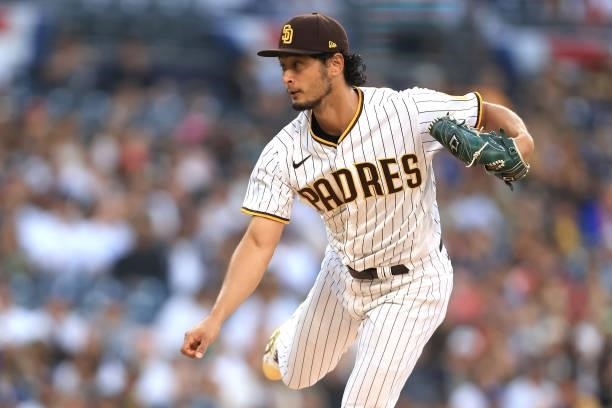 Yu Darvish of the San Diego Padres pitches during the fifth inning of a game against the Los Angeles Dodgers at PETCO Park on June 21, 2021 in San...