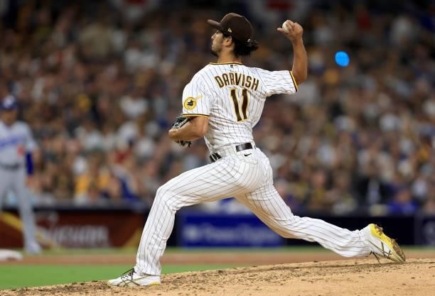 Yu Darvish of the San Diego Padres pitches during the sixth inning of a game against the Los Angeles Dodgers at PETCO Park on June 21, 2021 in San...