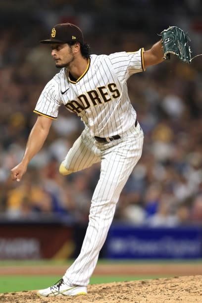 Yu Darvish of the San Diego Padres pitches during the sixth inning of a game against the Los Angeles Dodgers at PETCO Park on June 21, 2021 in San...