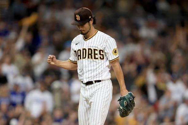 Yu Darvish of the San Diego Padres reacts after Will Smith of the Los Angeles Dodgers grounds out to end the sixth inning of a game at PETCO Park on...