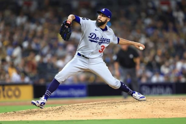 David Price of the Los Angeles Dodgers pitches during the seventh inning of a game against the San Diego Padres at PETCO Park on June 21, 2021 in San...