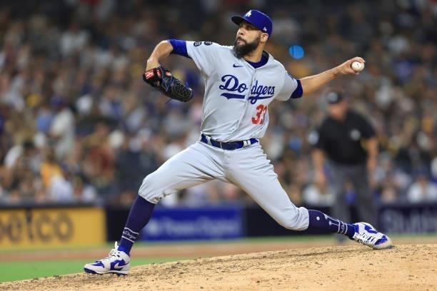 David Price of the Los Angeles Dodgers pitches during the seventh inning of a game against the San Diego Padres at PETCO Park on June 21, 2021 in San...