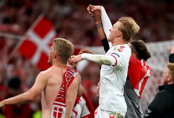 Kasper Dolberg of Denmark celebrates following their side's victory in during the UEFA Euro 2020 Championship Group B match between Russia and...