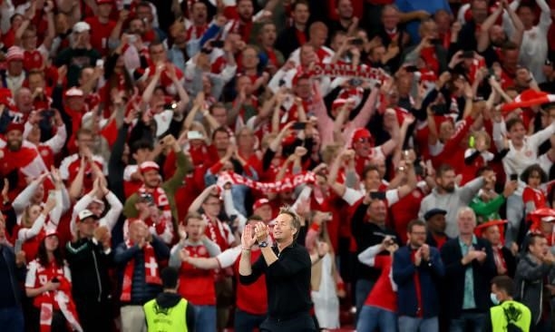 Kasper Hjulmand, Head Coach of Denmark celebrates after victory during the UEFA Euro 2020 Championship Group B match between Russia and Denmark at...