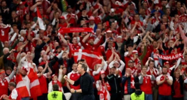Kasper Hjulmand, Head Coach of Denmark celebrates after victory during the UEFA Euro 2020 Championship Group B match between Russia and Denmark at...