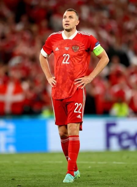 Artem Dzyuba of Russia reacts during the UEFA Euro 2020 Championship Group B match between Russia and Denmark at Parken Stadium on June 21, 2021 in...