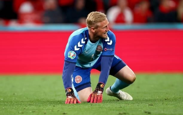 Kasper Schmeichel of Denmark reacts during the UEFA Euro 2020 Championship Group B match between Russia and Denmark at Parken Stadium on June 21,...
