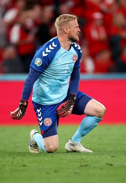 Kasper Schmeichel of Denmark reacts during the UEFA Euro 2020 Championship Group B match between Russia and Denmark at Parken Stadium on June 21,...