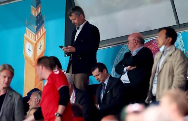 Frederik, Crown Prince of Denmark looks on during the UEFA Euro 2020 Championship Group B match between Russia and Denmark at Parken Stadium on June...