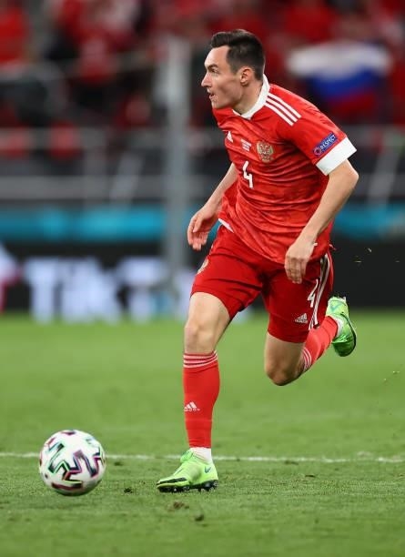 Vyacheslav Karavaev of Russia runs with the ball during the UEFA Euro 2020 Championship Group B match between Russia and Denmark at Parken Stadium on...