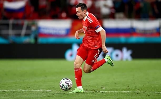 Vyacheslav Karavaev of Russia runs with the ball during the UEFA Euro 2020 Championship Group B match between Russia and Denmark at Parken Stadium on...