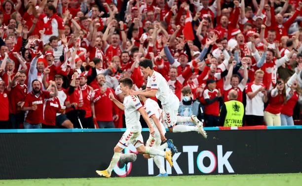Joakim Mæhle of Denmark celebrates after he scores the 4th goal during the UEFA Euro 2020 Championship Group B match between Russia and Denmark at...