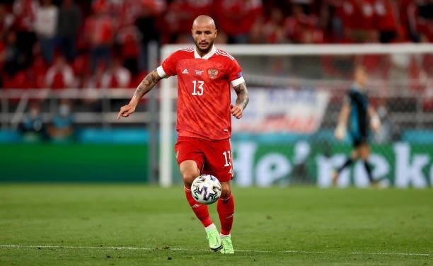 Fedor Kudryashov of Russia runs with the ball during the UEFA Euro 2020 Championship Group B match between Russia and Denmark at Parken Stadium on...