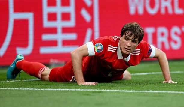Mário Fernandes of Russia reacts during the UEFA Euro 2020 Championship Group B match between Russia and Denmark at Parken Stadium on June 21, 2021...