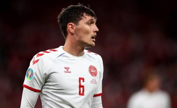 Andreas Christensen of Denmark looks on during the UEFA Euro 2020 Championship Group B match between Russia and Denmark at Parken Stadium on June 21,...