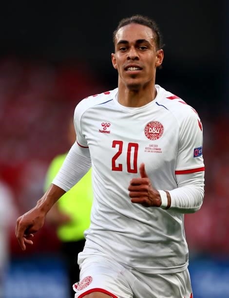 Yussuf Poulsen of Denamrk runs during the UEFA Euro 2020 Championship Group B match between Russia and Denmark at Parken Stadium on June 21, 2021 in...