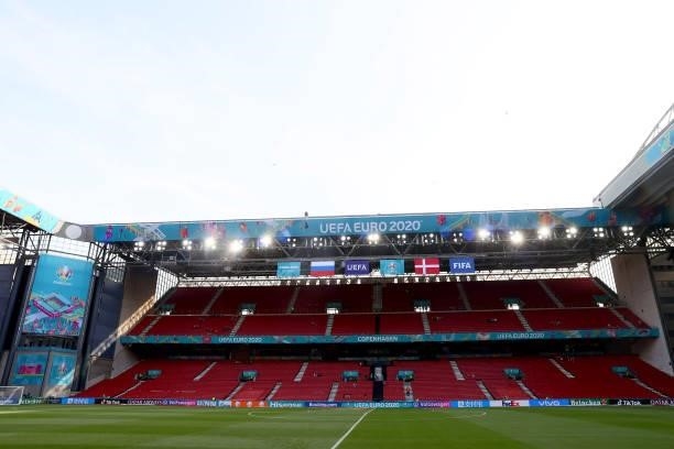 Inside general view ahead of the UEFA Euro 2020 Championship Group B match between Russia and Denmark at Parken Stadium on June 21, 2021 in...