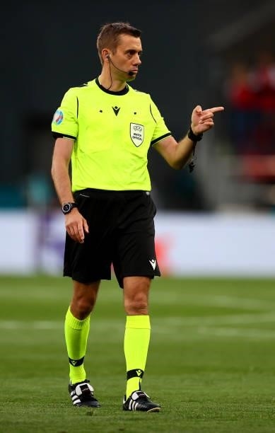 Match Referee, Clement Turpin gestures during the UEFA Euro 2020 Championship Group B match between Russia and Denmark at Parken Stadium on June 21,...