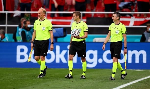 Match Referee, Clement Turpin looks on during the UEFA Euro 2020 Championship Group B match between Russia and Denmark at Parken Stadium on June 21,...