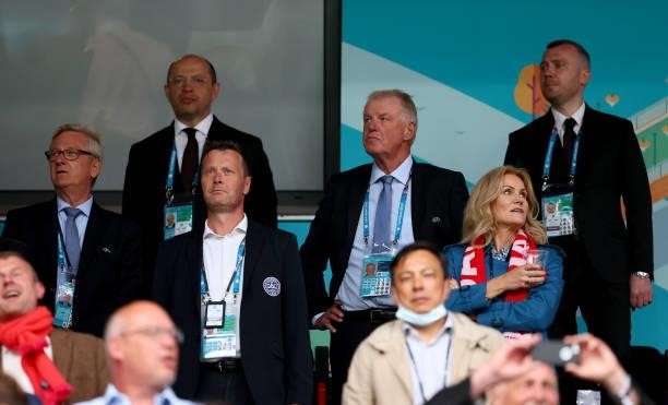 Former Danish Prime Minister, Helle Thorning-Schmidt is seen during the UEFA Euro 2020 Championship Group B match between Russia and Denmark at...