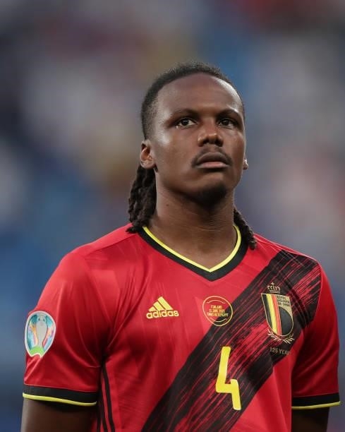 Dedryck Boyata of Belgium stands during Finland´s anthem prior to start the UEFA Euro 2020 Championship Group B match between Finland and Belgium at...