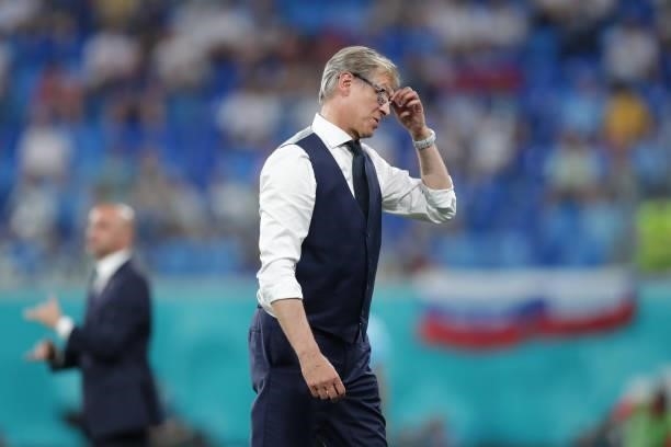 Manager Markku Kanerva of Finland reacts during the UEFA Euro 2020 Championship Group B match between Finland and Belgium at Saint Petersburg Stadium...