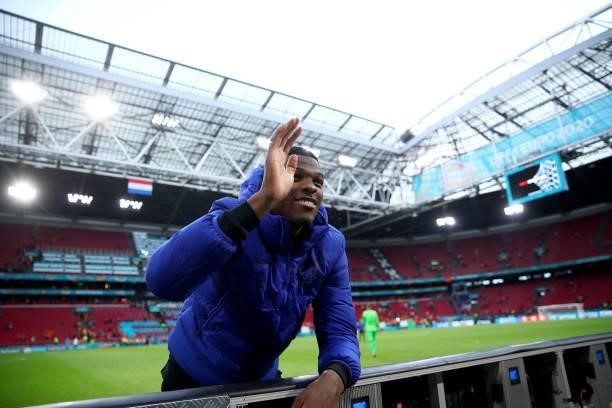 Denzel Dumfries of Netherlands waves to his family in the stands during the UEFA Euro 2020 Championship Group C match between North Macedonia and The...