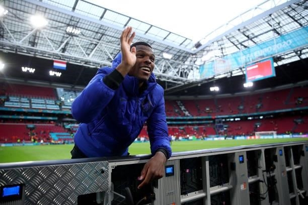Denzel Dumfries of Netherlands waves to his family in the stands during the UEFA Euro 2020 Championship Group C match between North Macedonia and The...