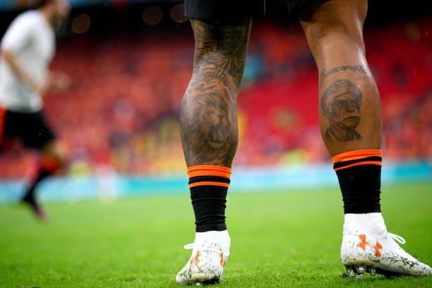 Tattoo's on the legs of Memphis Depay of Netherlands during the UEFA Euro 2020 Championship Group C match between North Macedonia and The Netherlands...