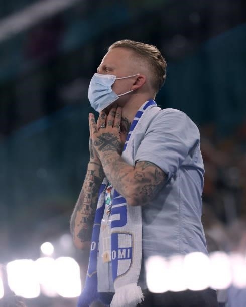 Finland fan reacts during the UEFA Euro 2020 Championship Group B match between Finland and Belgium at Saint Petersburg Stadium on June 21, 2021 in...