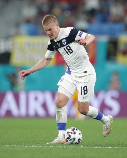 Jere Uronen of Finland controls the ball during the UEFA Euro 2020 Championship Group B match between Finland and Belgium at Saint Petersburg Stadium...